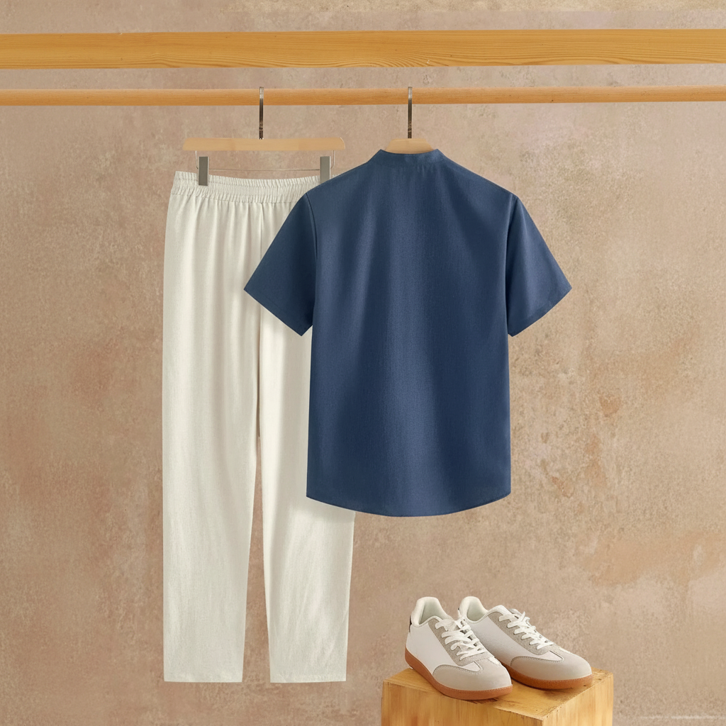 Solid Button Half Placket Short Sleeve Linen Shirt And Pants Set For Men
