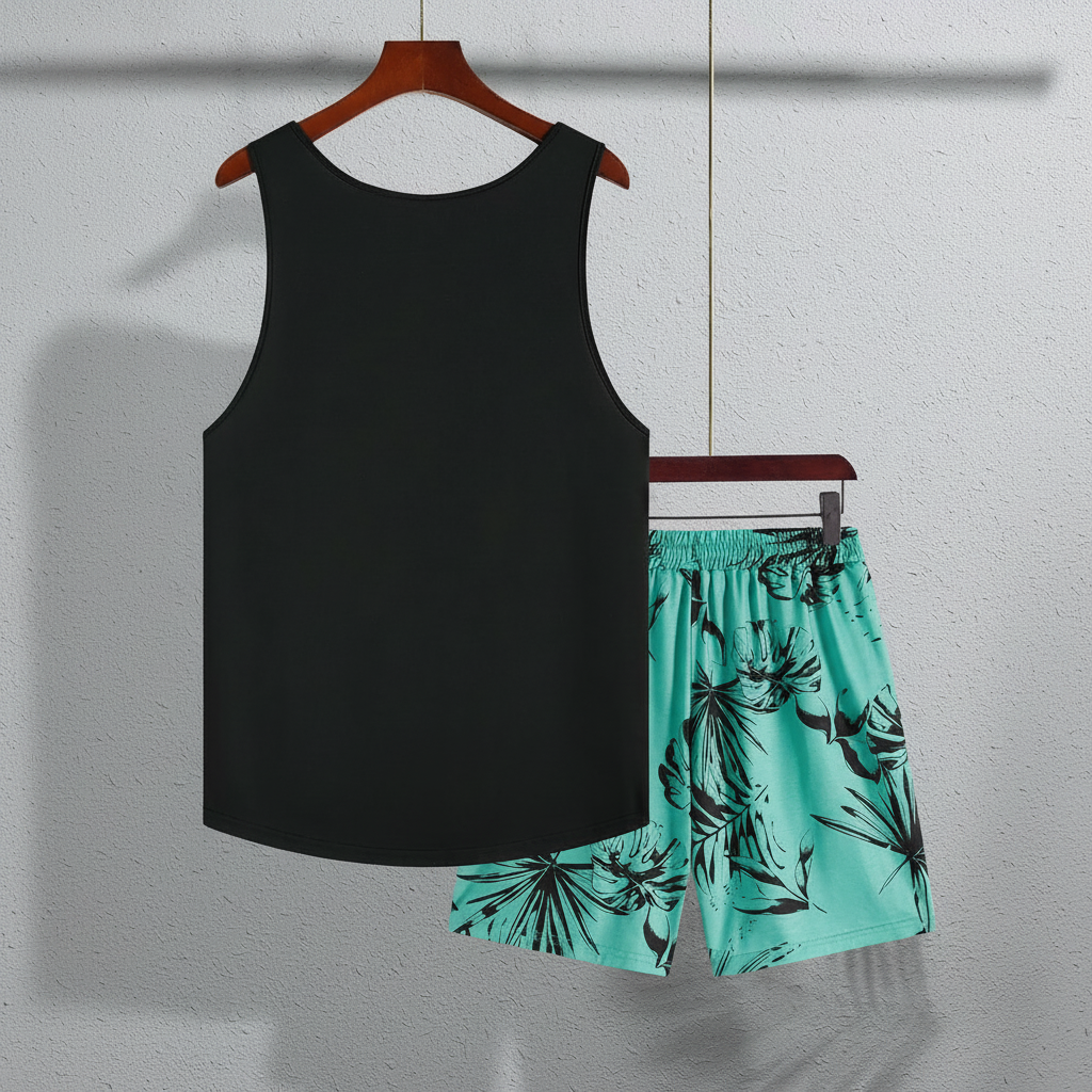 Tree Printed Tank Top And Shorts Set For Men