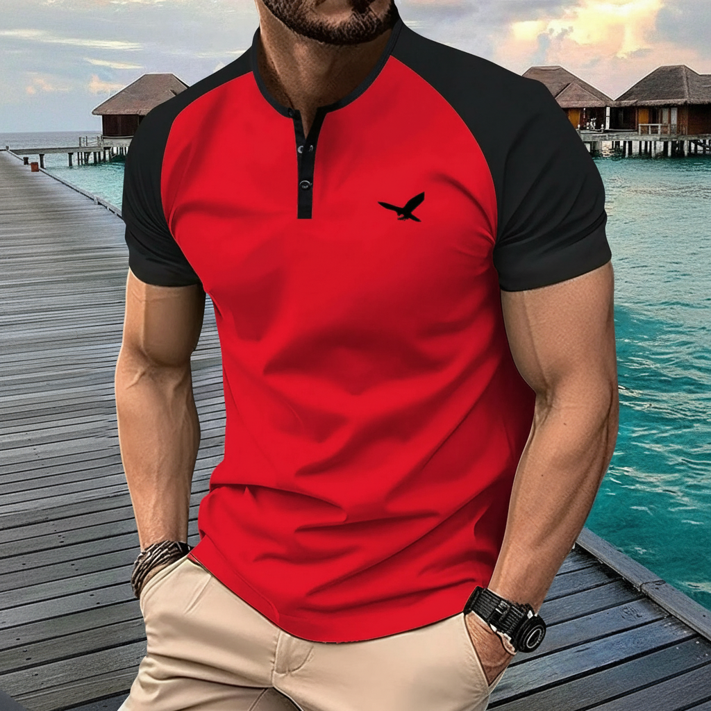 American Style Print Henley Short Sleeve T Shirt With Shorts For Men