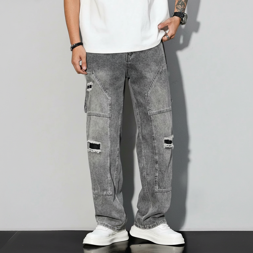 Simple Ripped Pocket Jeans Regular Fit Mid Rise For Men