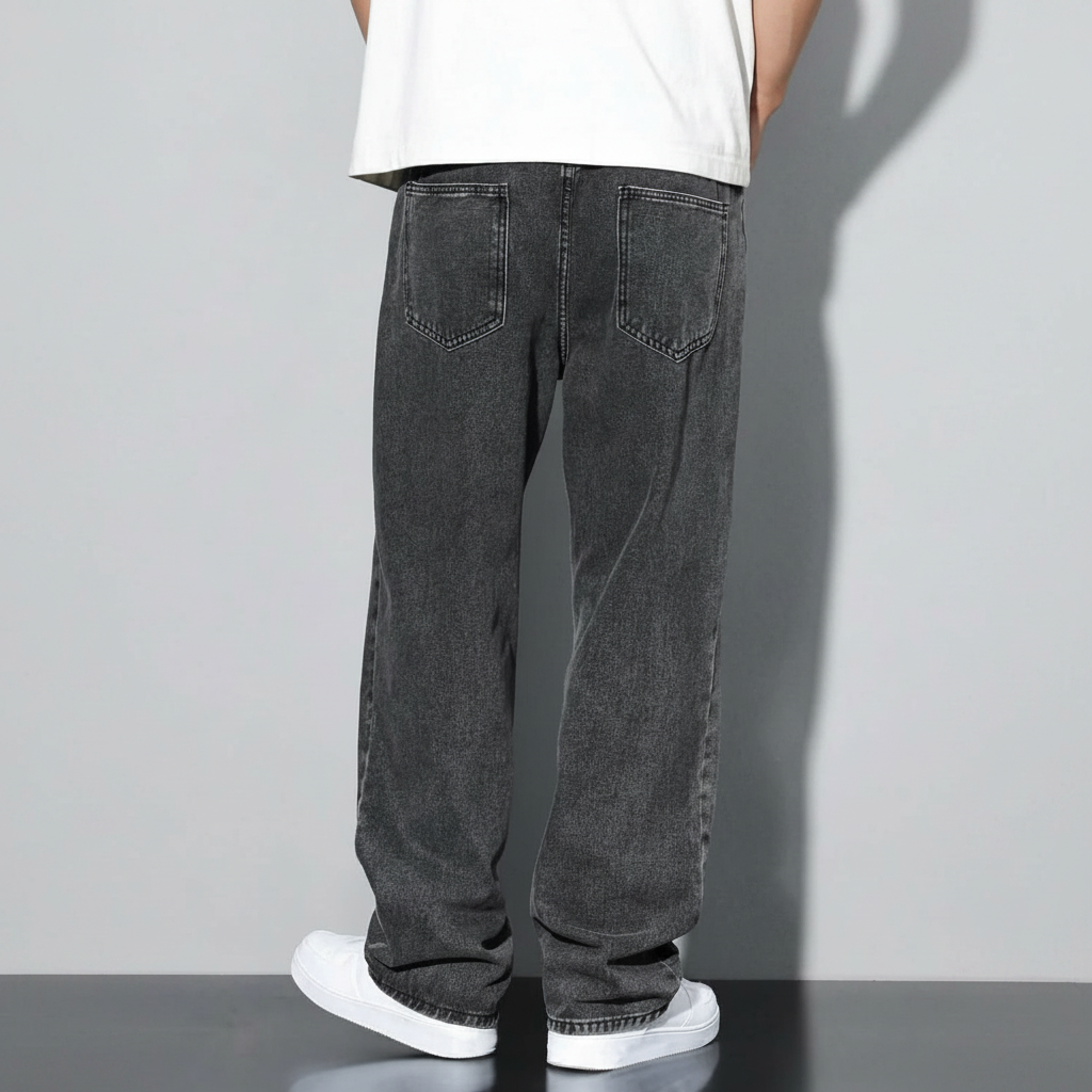 Loose Slant Pocket Washed Baggy Straight Jeans