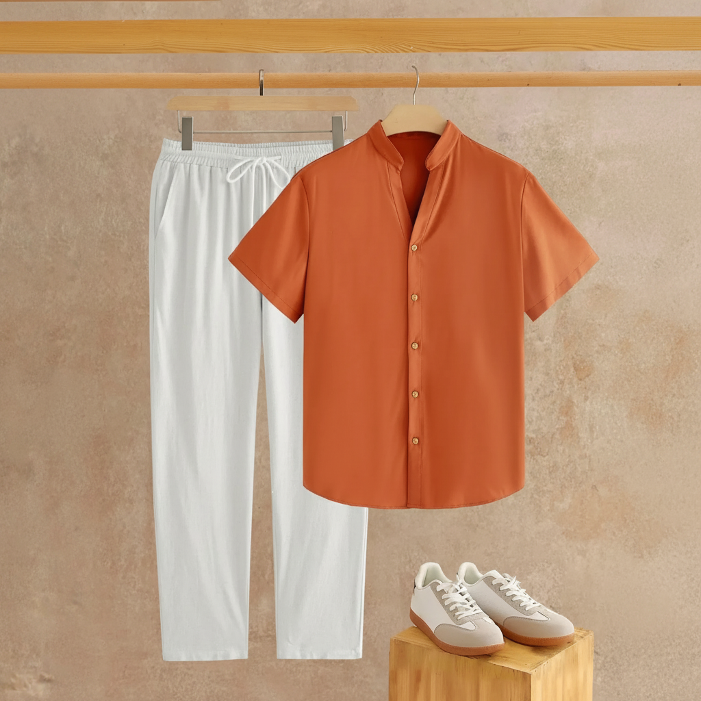 Solid Button Half Placket Short Sleeve Linen Shirt And Pants Set For Men