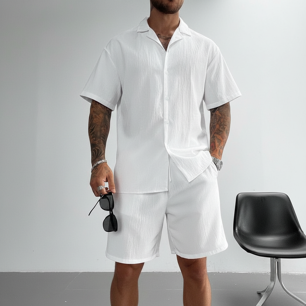 Solid Lightweight Linen Cuban Shirt And Drawstring Shorts Set For Men