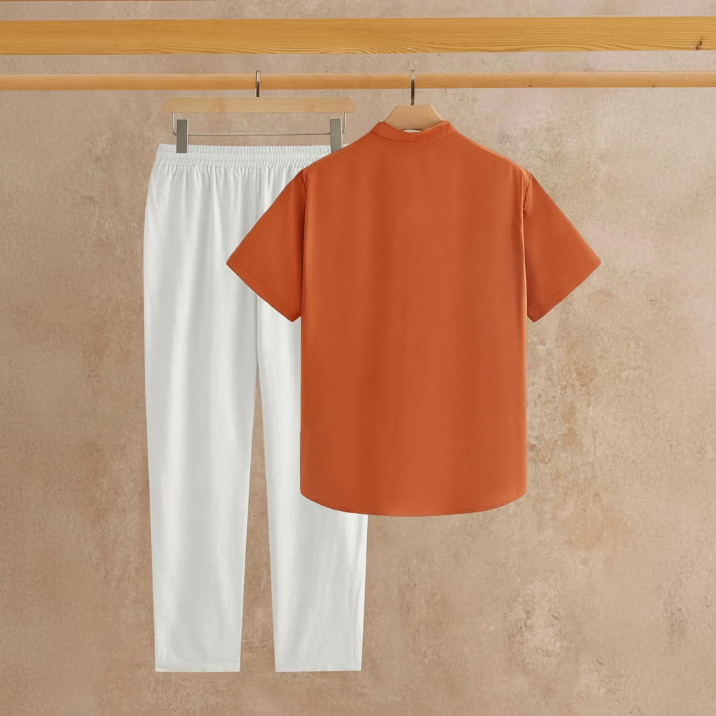 Solid Button Half Placket Short Sleeve Linen Shirt And Pants Set For Men