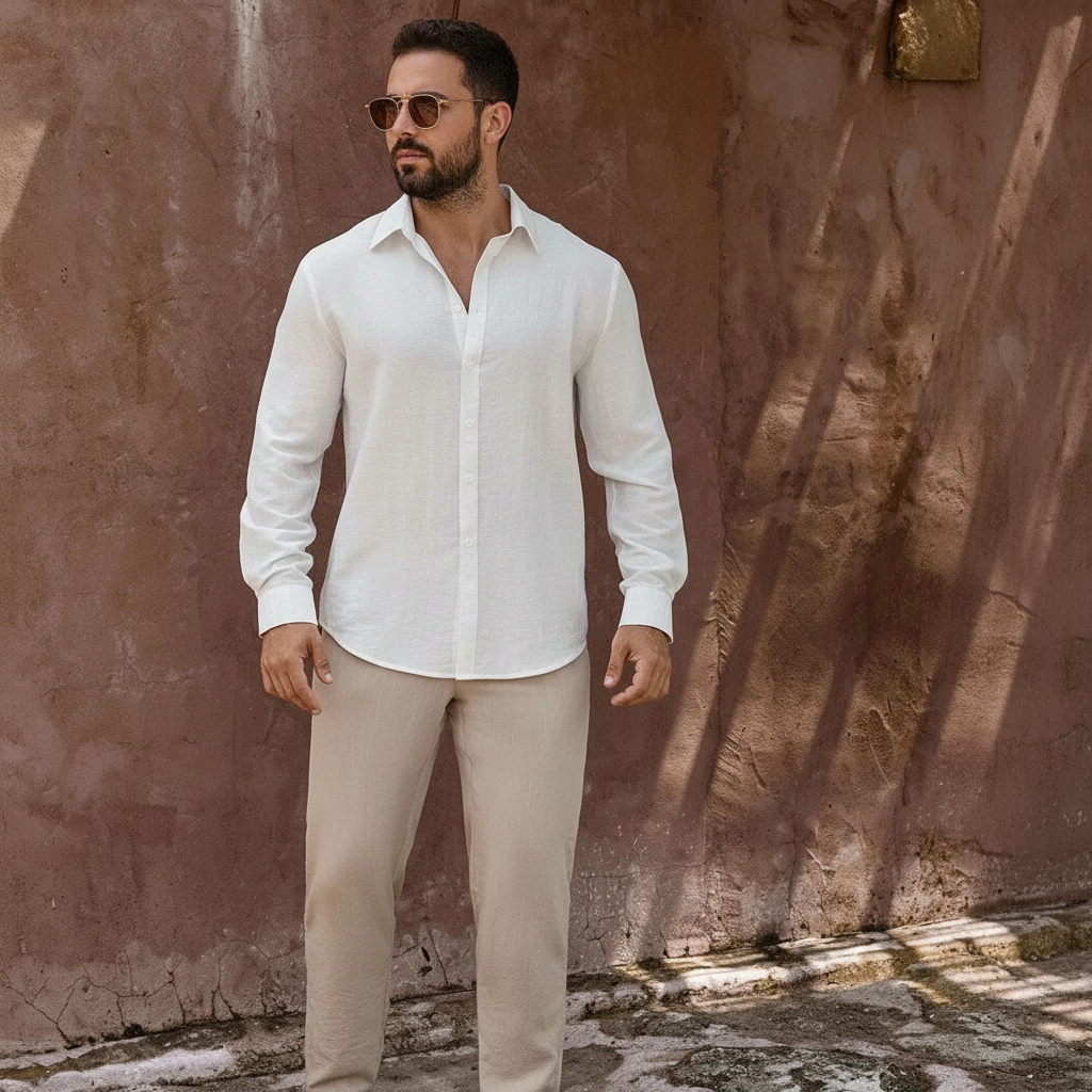 Linen Blend Long Sleeve Button Up Shirt For Men