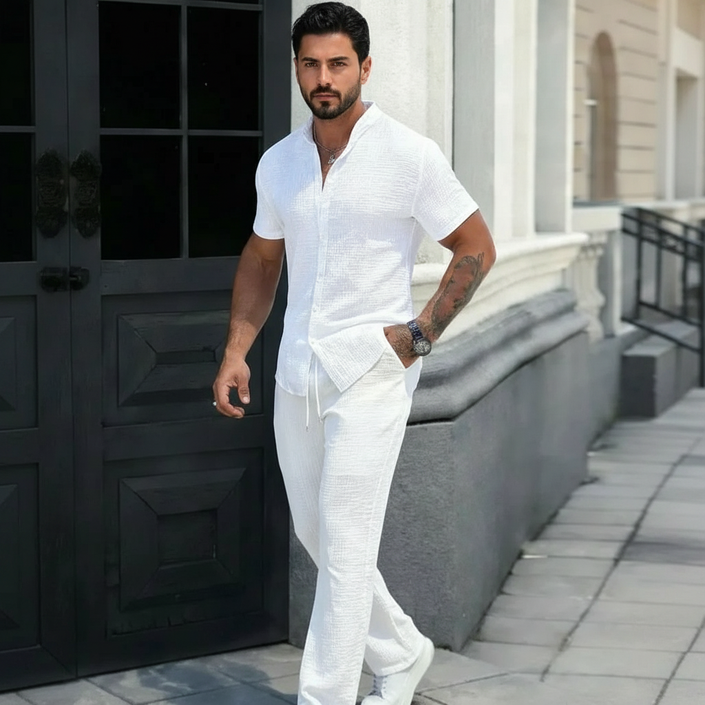 Jacquard Short Sleeve Shirt And Pants Casual Set For Men