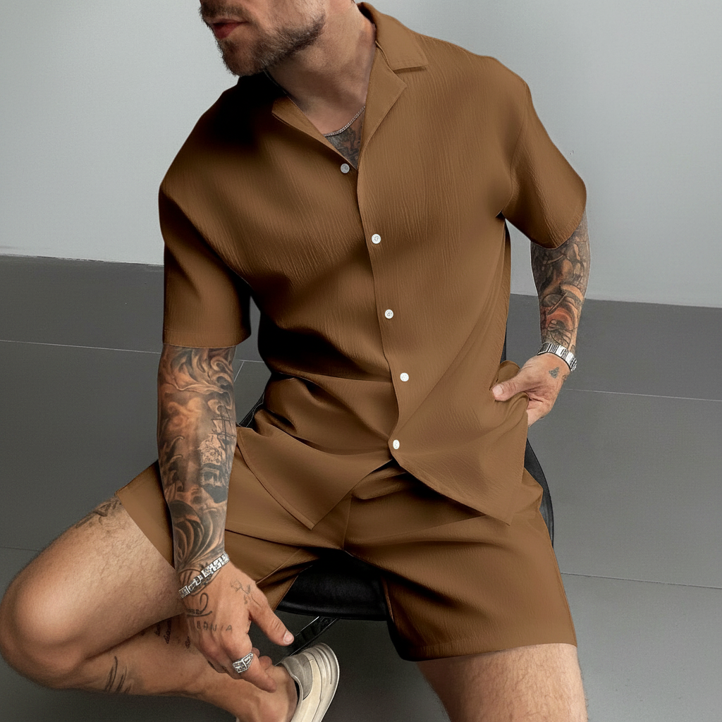 Solid Lightweight Linen Cuban Shirt And Drawstring Shorts Set For Men