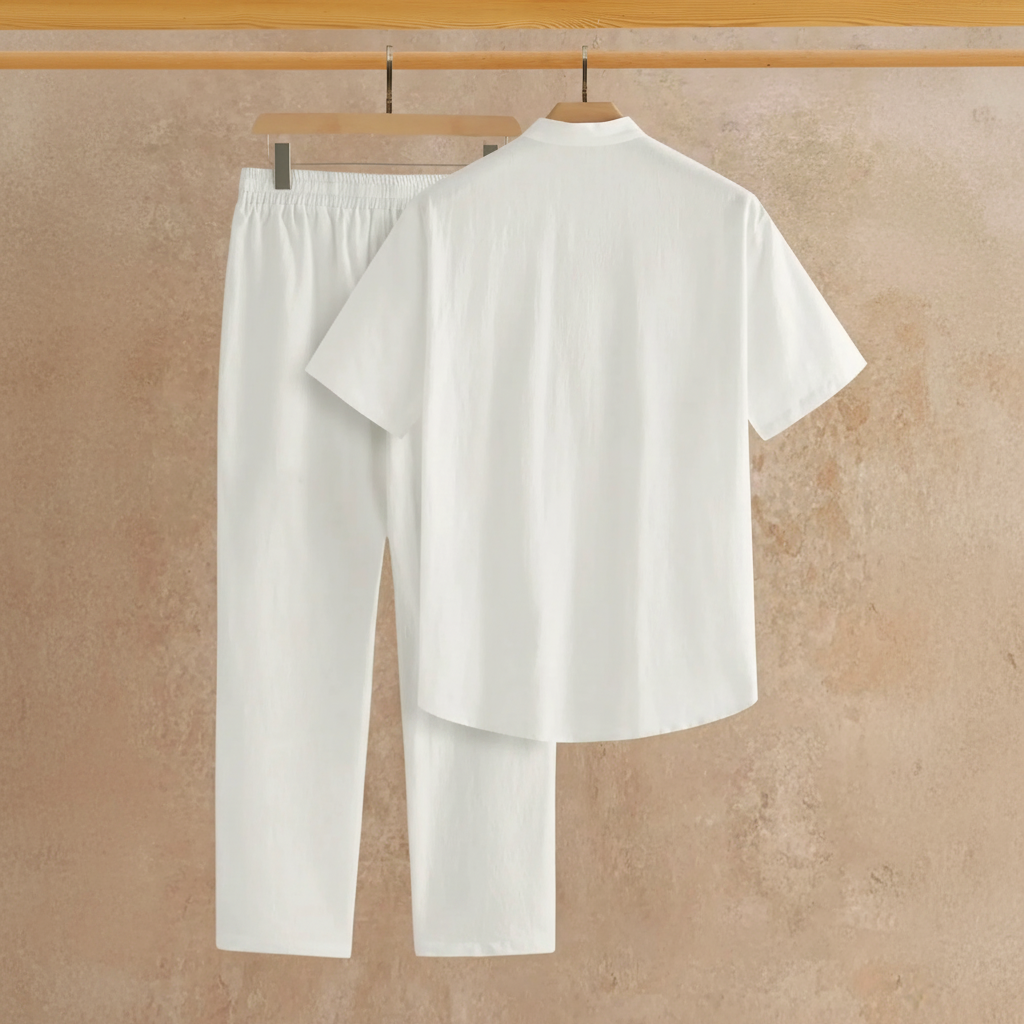 Solid Button Half Placket Short Sleeve Linen Shirt And Pants Set For Men