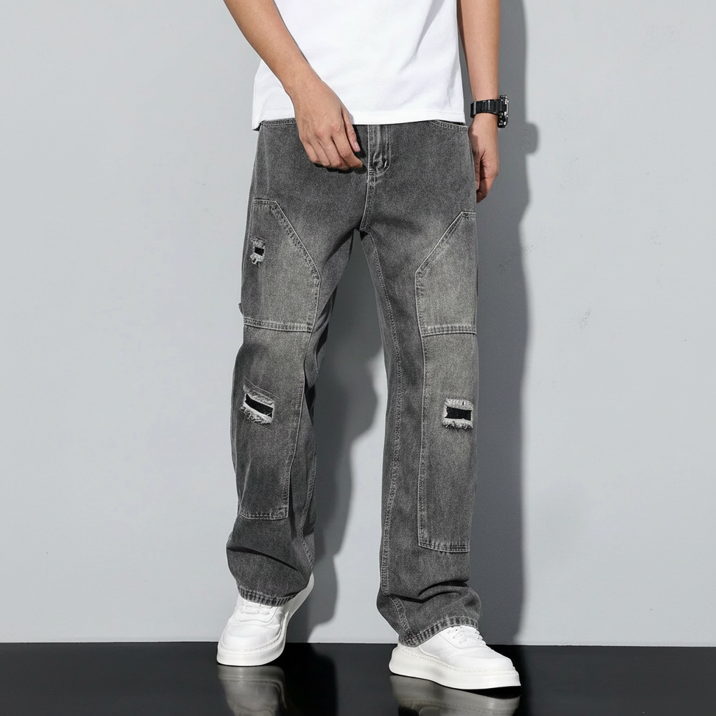 Simple Ripped Pocket Jeans Regular Fit Mid Rise For Men