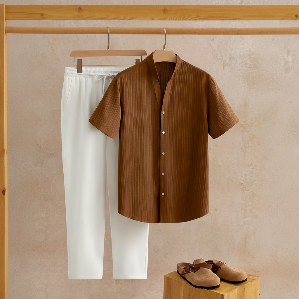 Solid Button Half Placket Short Sleeve Linen Shirt And Pants Set For Men