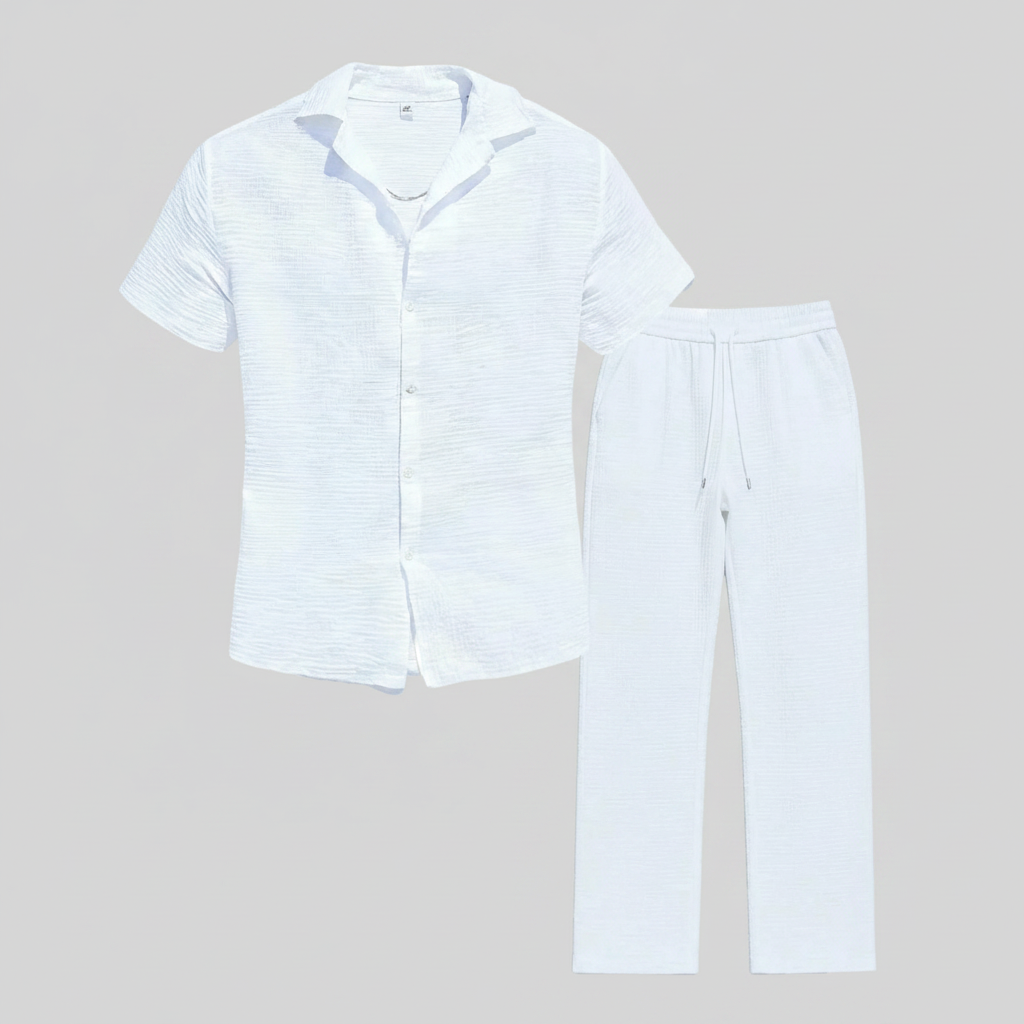 Jacquard Short Sleeve Shirt And Pants Casual Set For Men