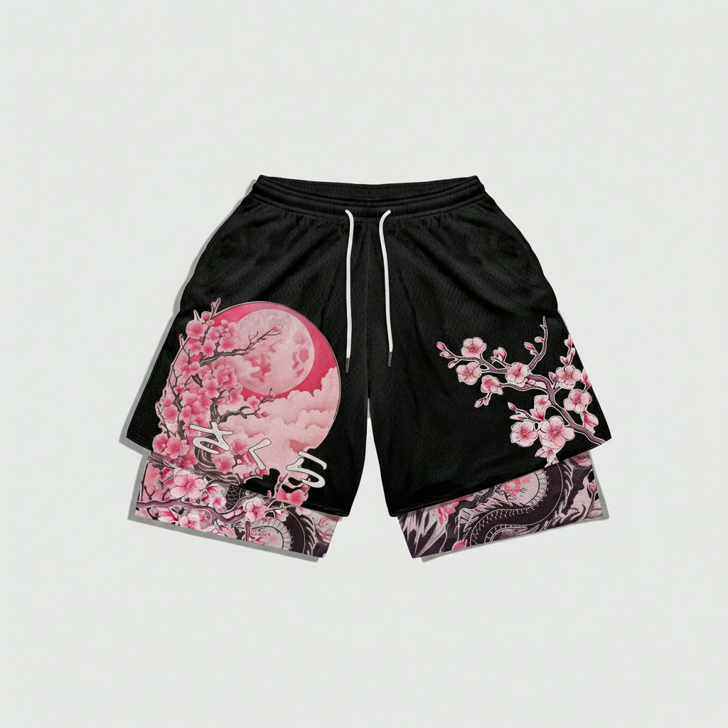 Anime Branch Print Drawstring Double Layer Casual Shorts