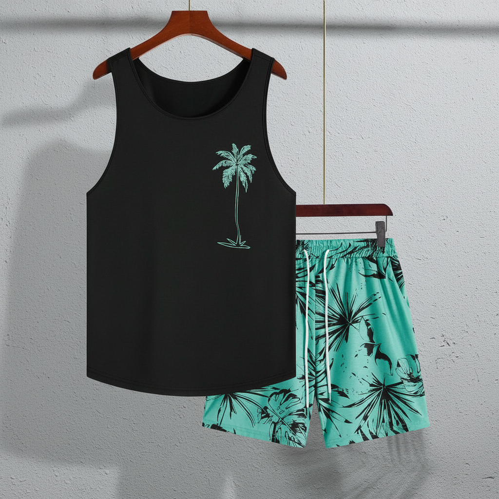 Tree Printed Tank Top And Shorts Set For Men