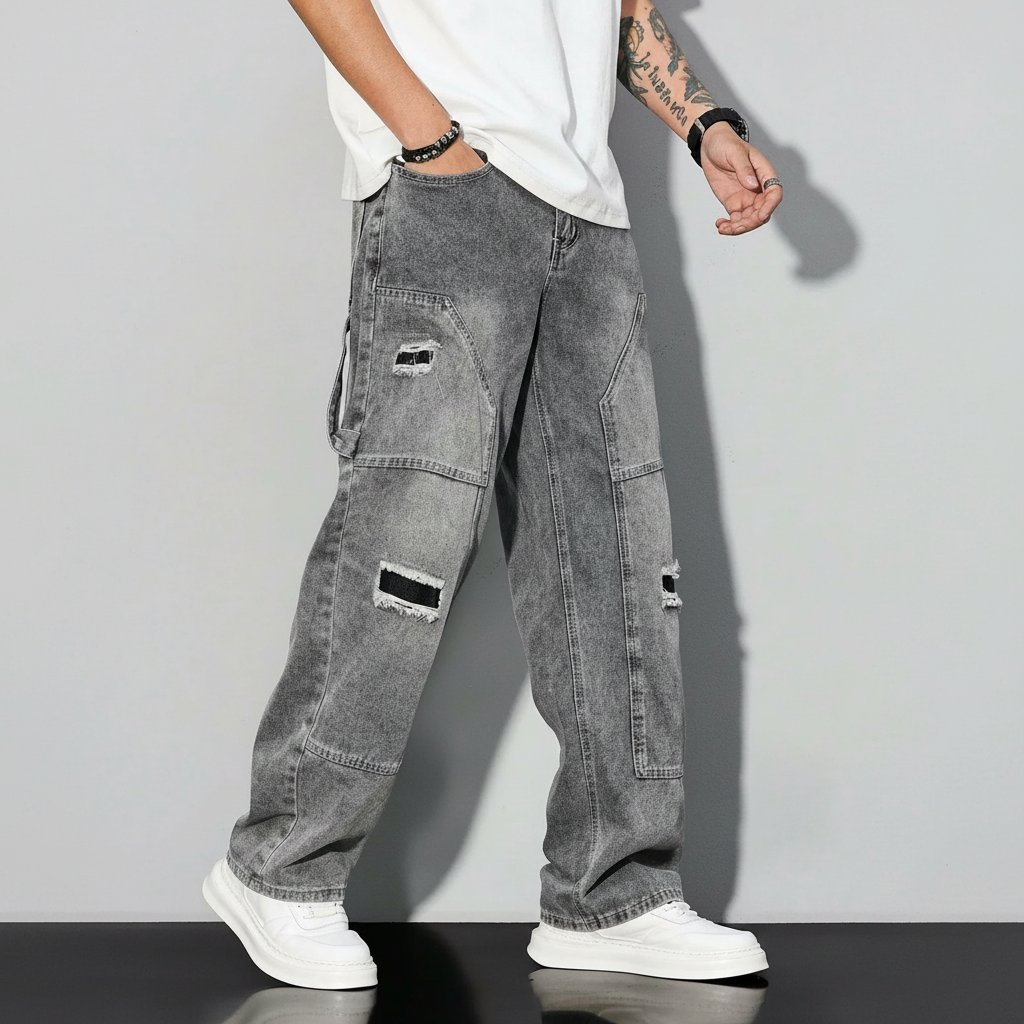 Simple Ripped Pocket Jeans Regular Fit Mid Rise For Men