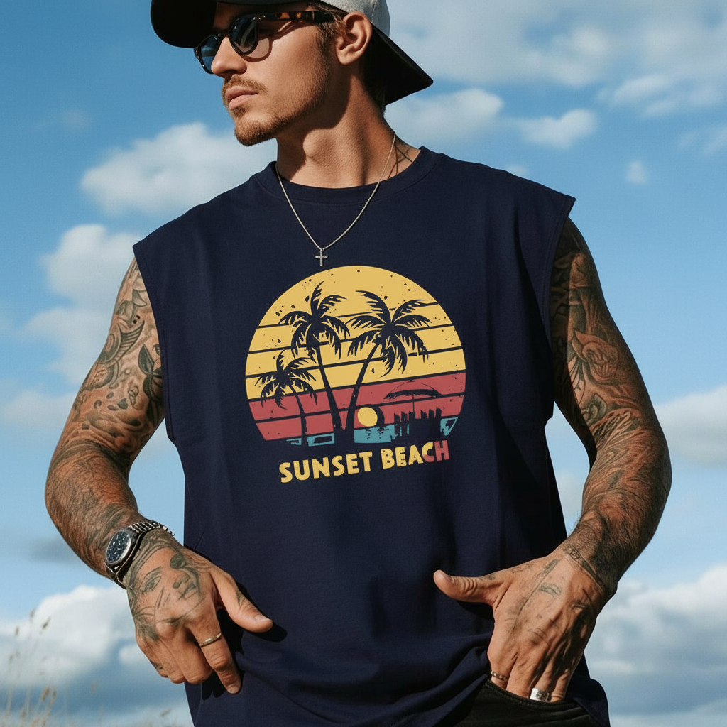 Coastal Summer Vacation Tree Print Tank Top For Men
