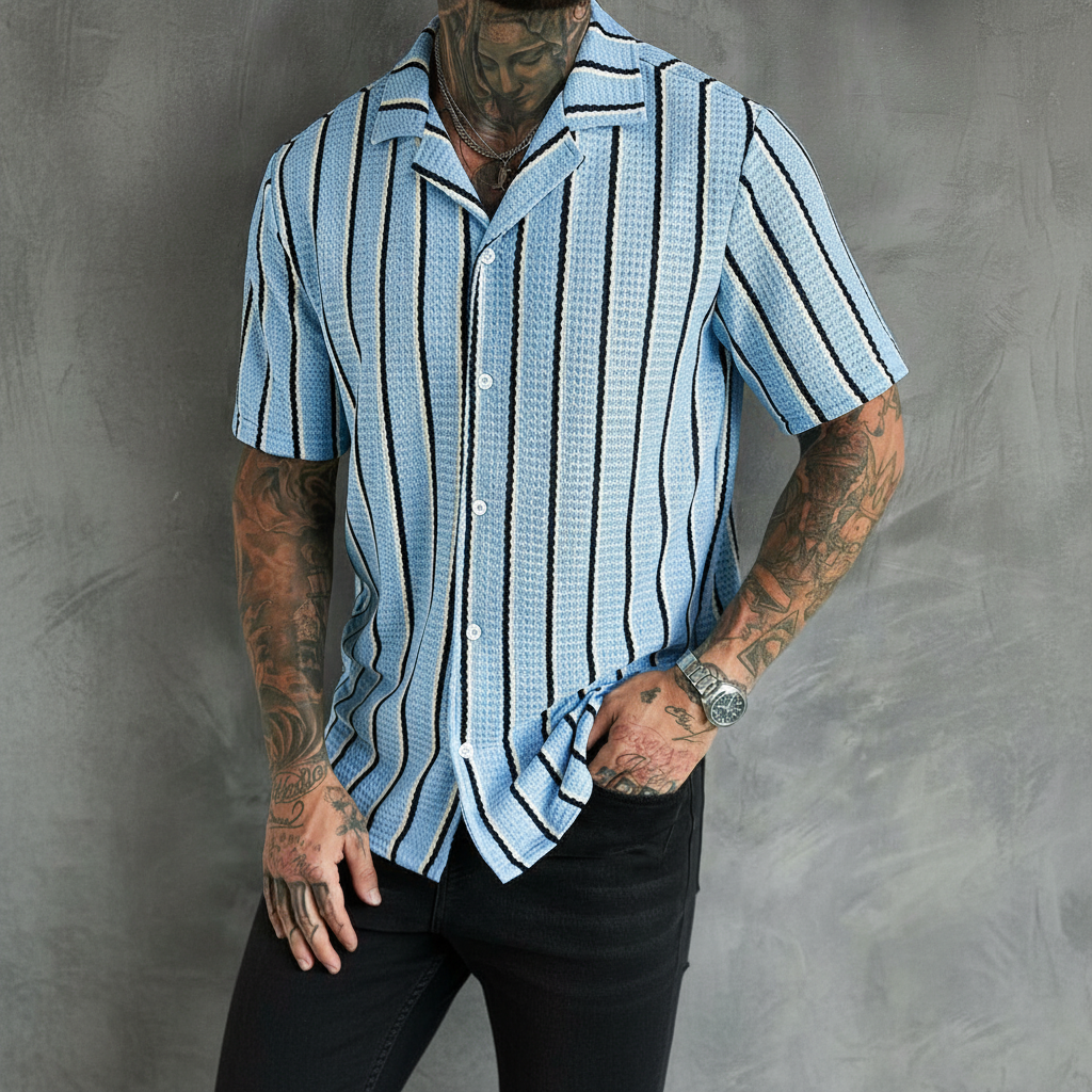 Striped Button Down Short Sleeve Loose Fit Shirt For Men