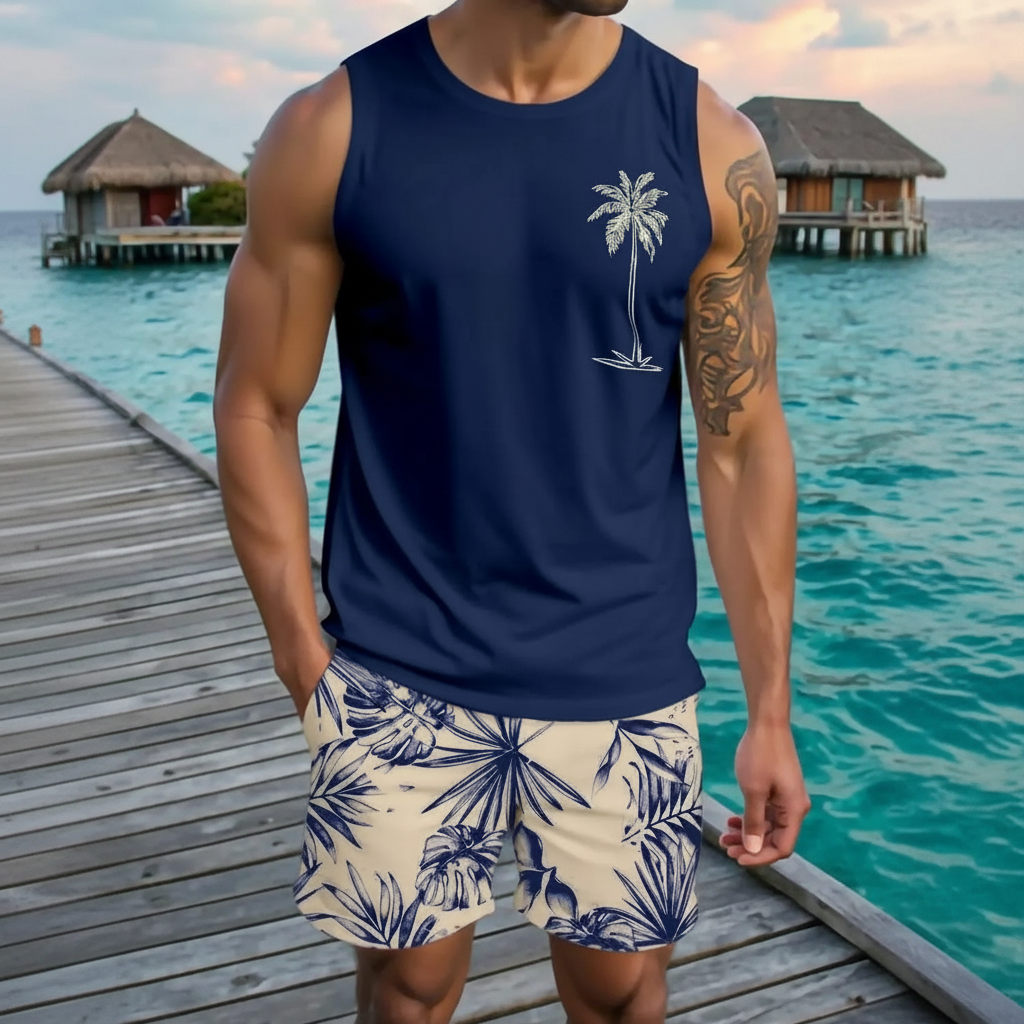 Tree Printed Tank Top And Shorts Set For Men