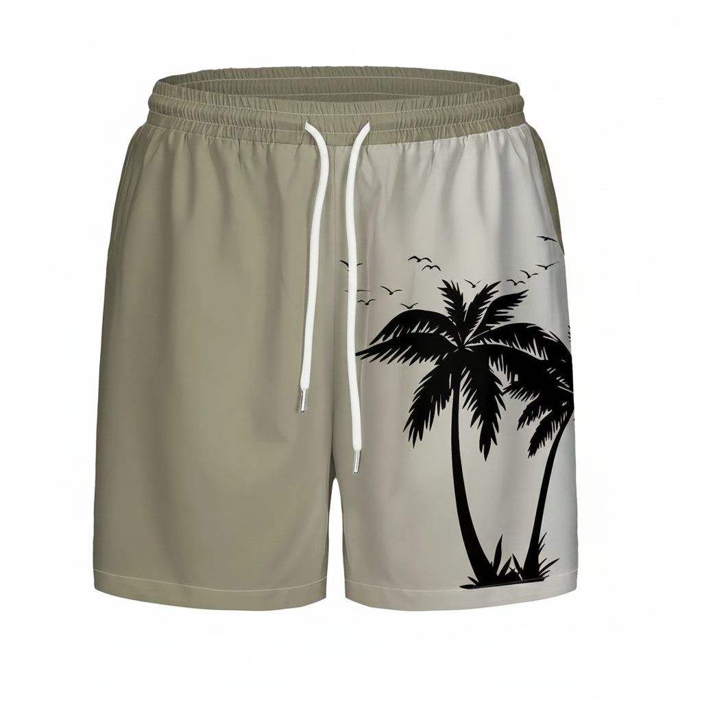 Coconut Tree Ombre Print Drawstring Swim Trunks For Men