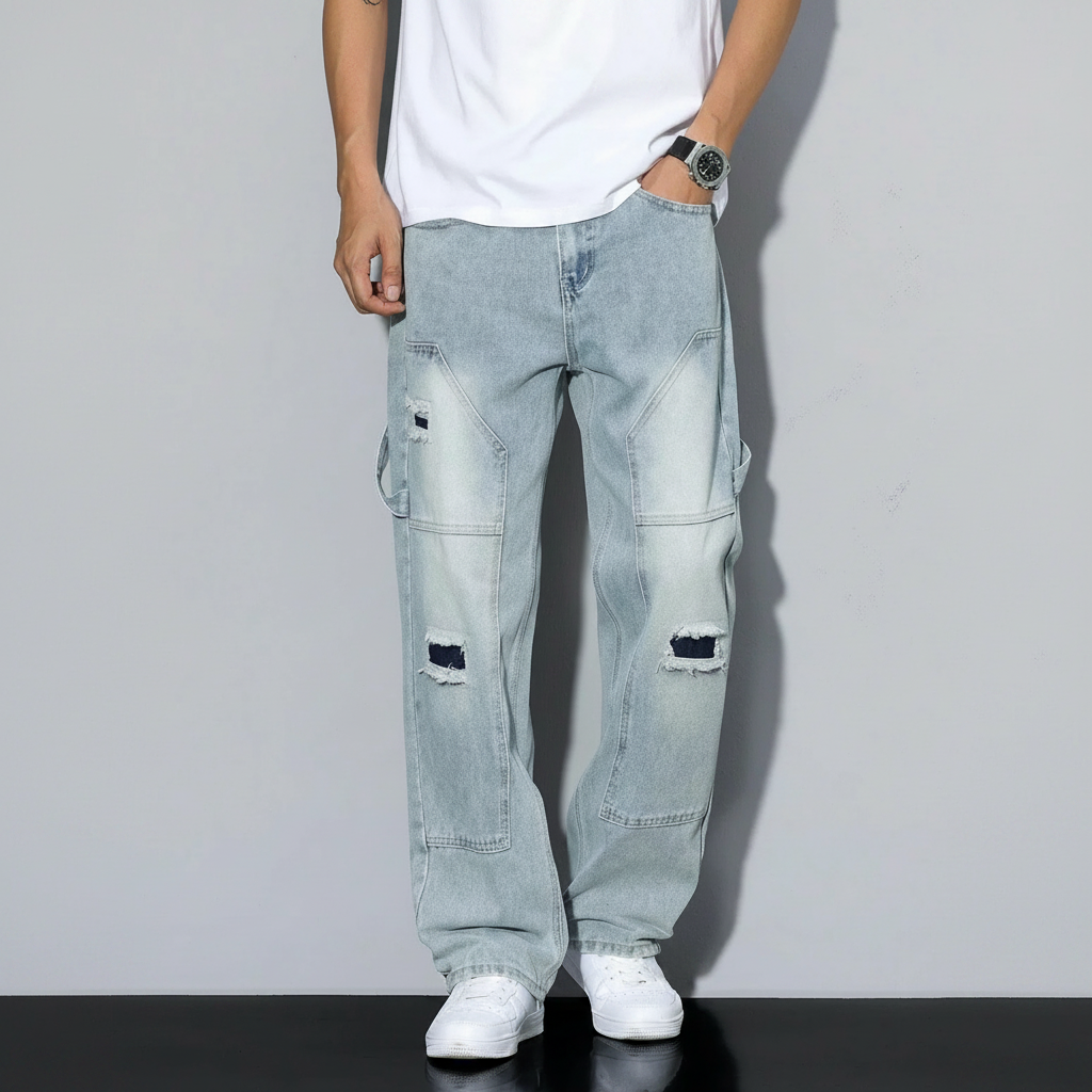 Simple Ripped Pocket Jeans Regular Fit Mid Rise For Men