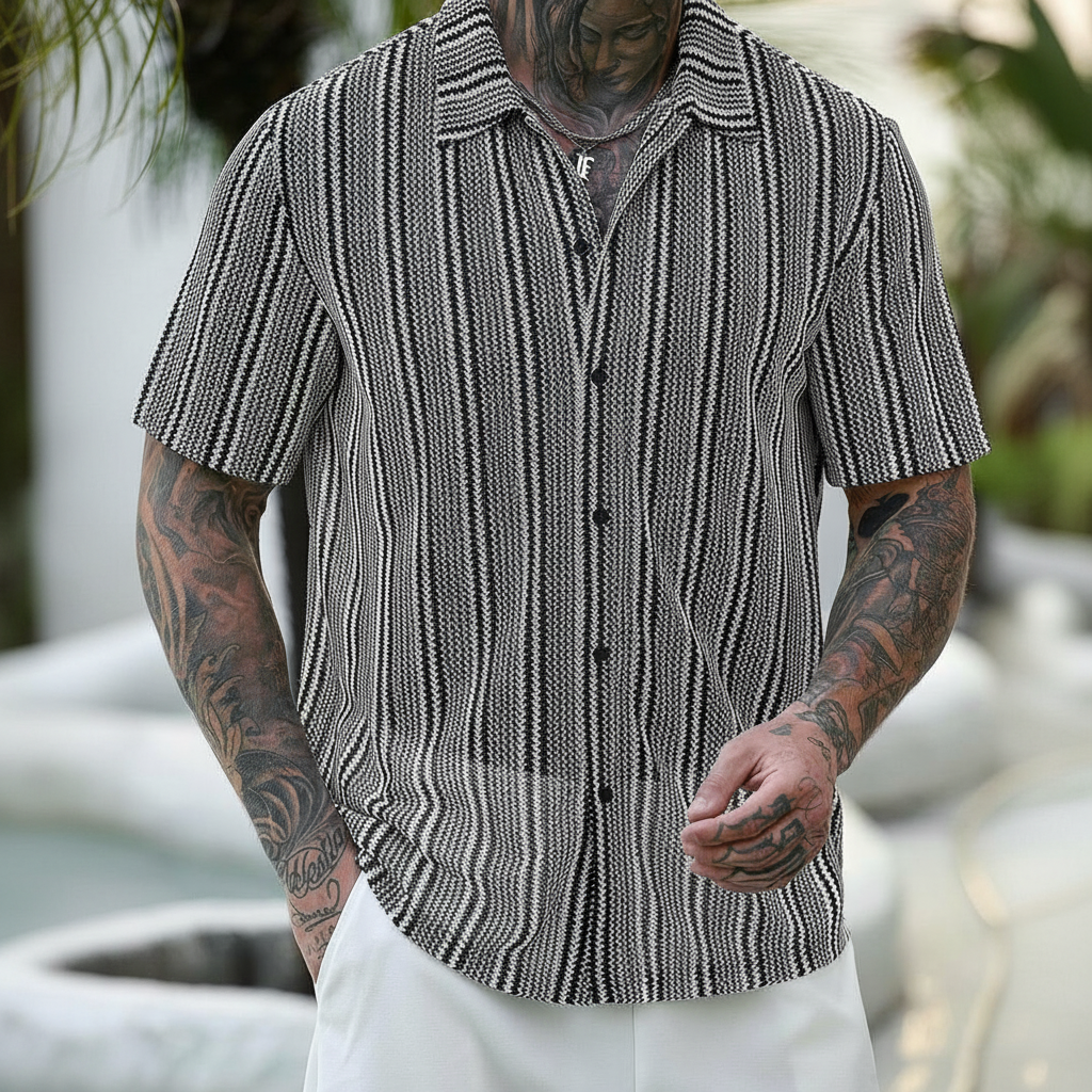 Striped Button Down Short Sleeve Loose Fit Shirt For Men
