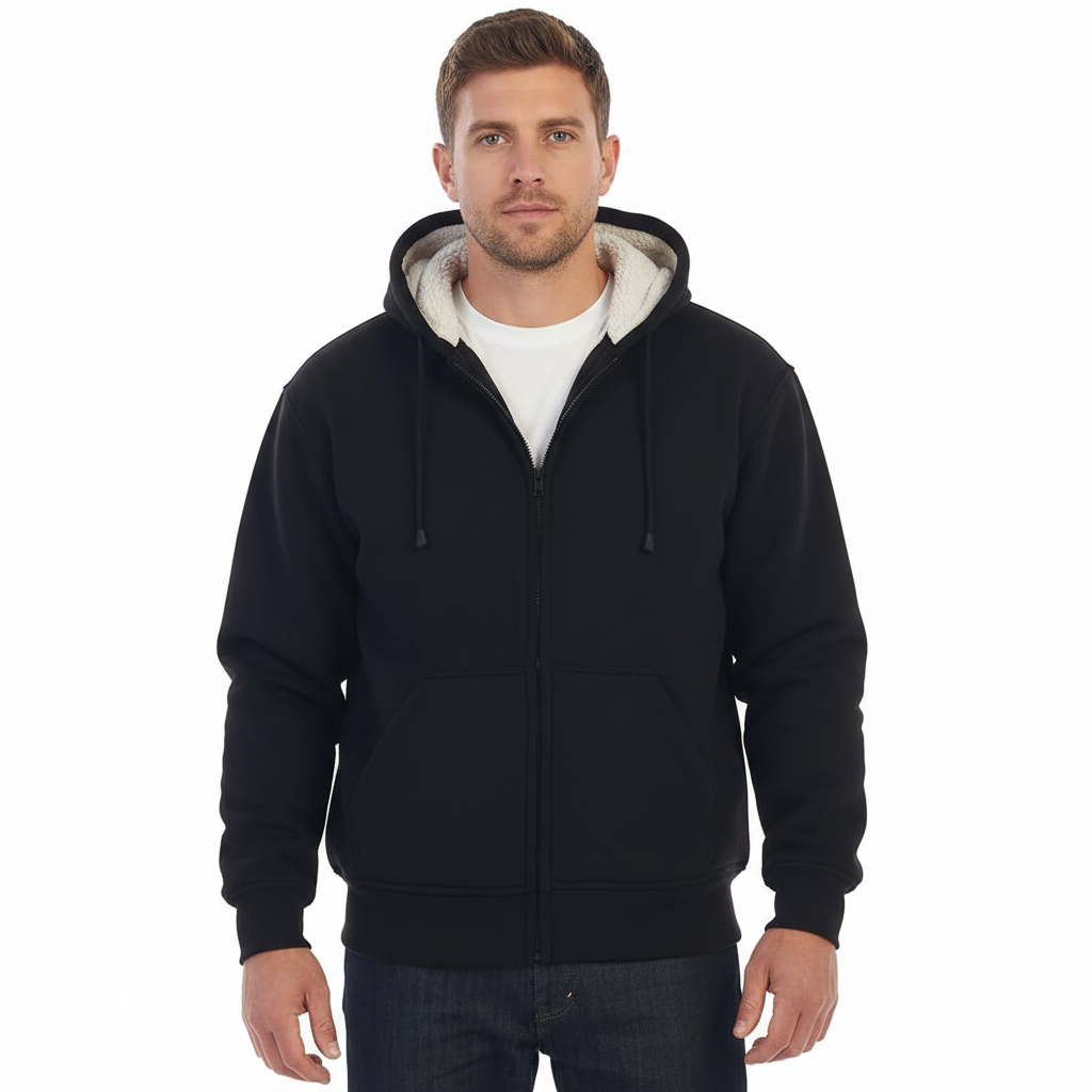 Men Soft Heavyweight Sherpa Lined Fleece Hoodie Jacket