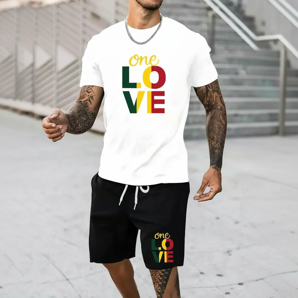 Printed Round Short Sleeve T Shirt And Drawstring Shorts