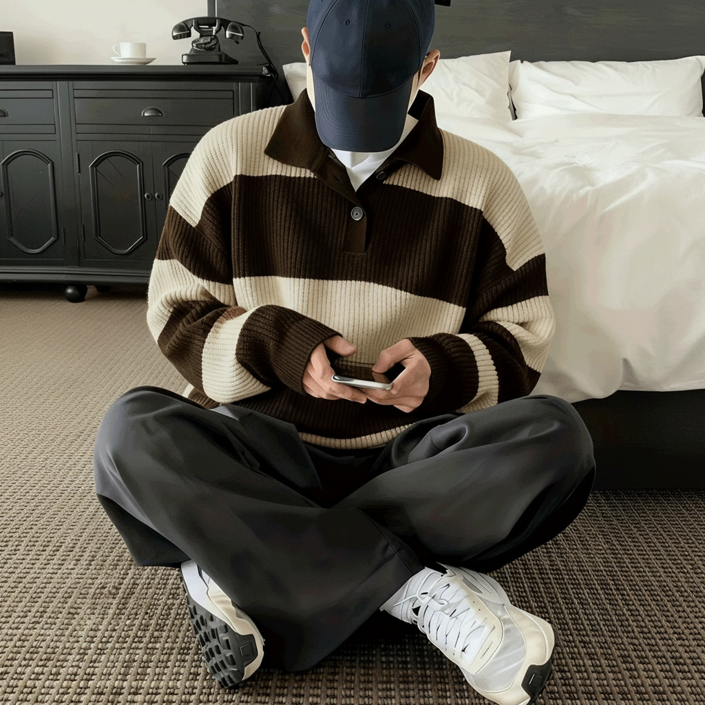 Plus Size American Street Style Striped Pullover Knit Sweater For Men