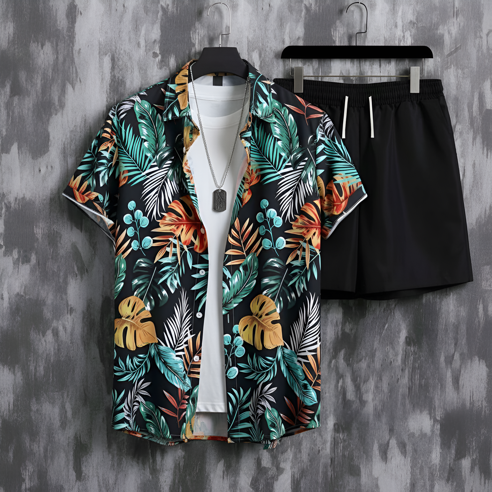 Floral Leaf Print Polo Shirt And Shorts Set For Men