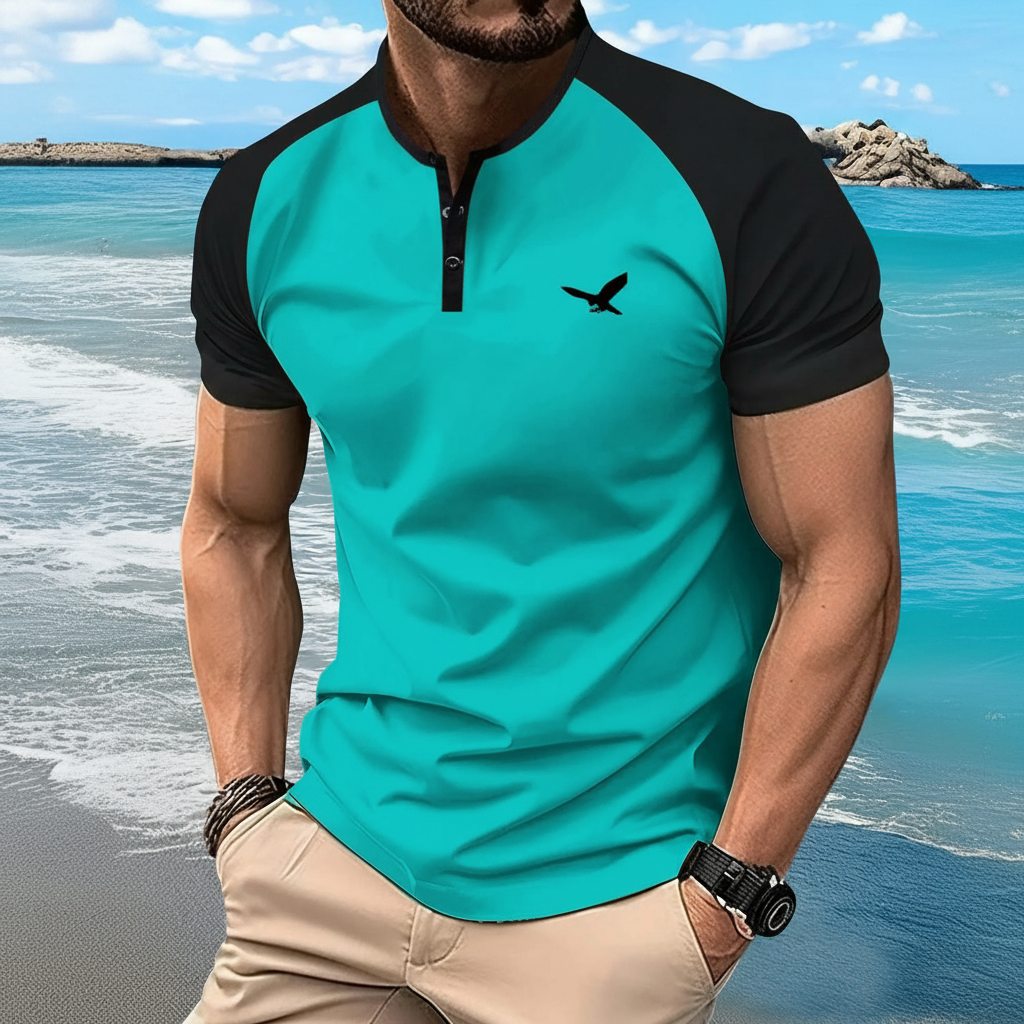 American Style Print Henley Short Sleeve T Shirt With Shorts For Men