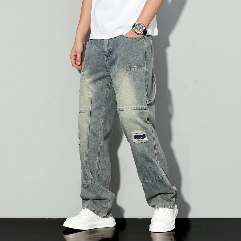 Simple Ripped Pocket Jeans Regular Fit Mid Rise For Men