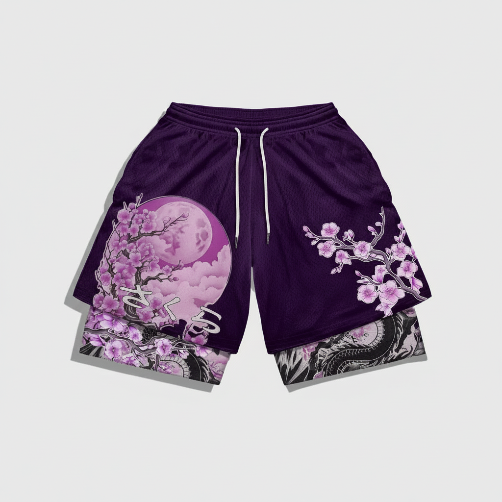Anime Branch Print Drawstring Double Layer Casual Shorts