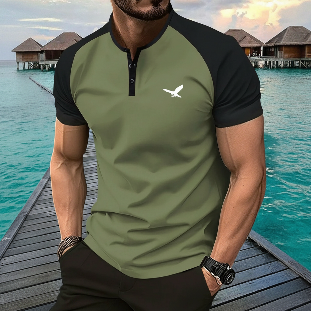 American Style Print Henley Short Sleeve T Shirt With Shorts For Men
