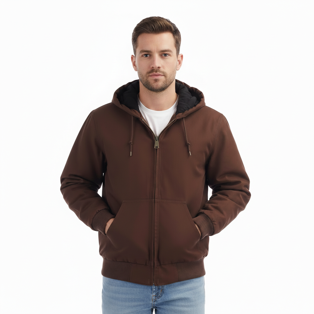 Men Loose Fit Quilted Flannel Lined Workwear Waterproof Active Jacket Hooded Work Coat 