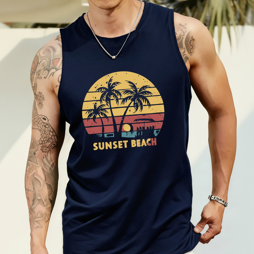 Coastal Summer Vacation Tree Print Tank Top For Men