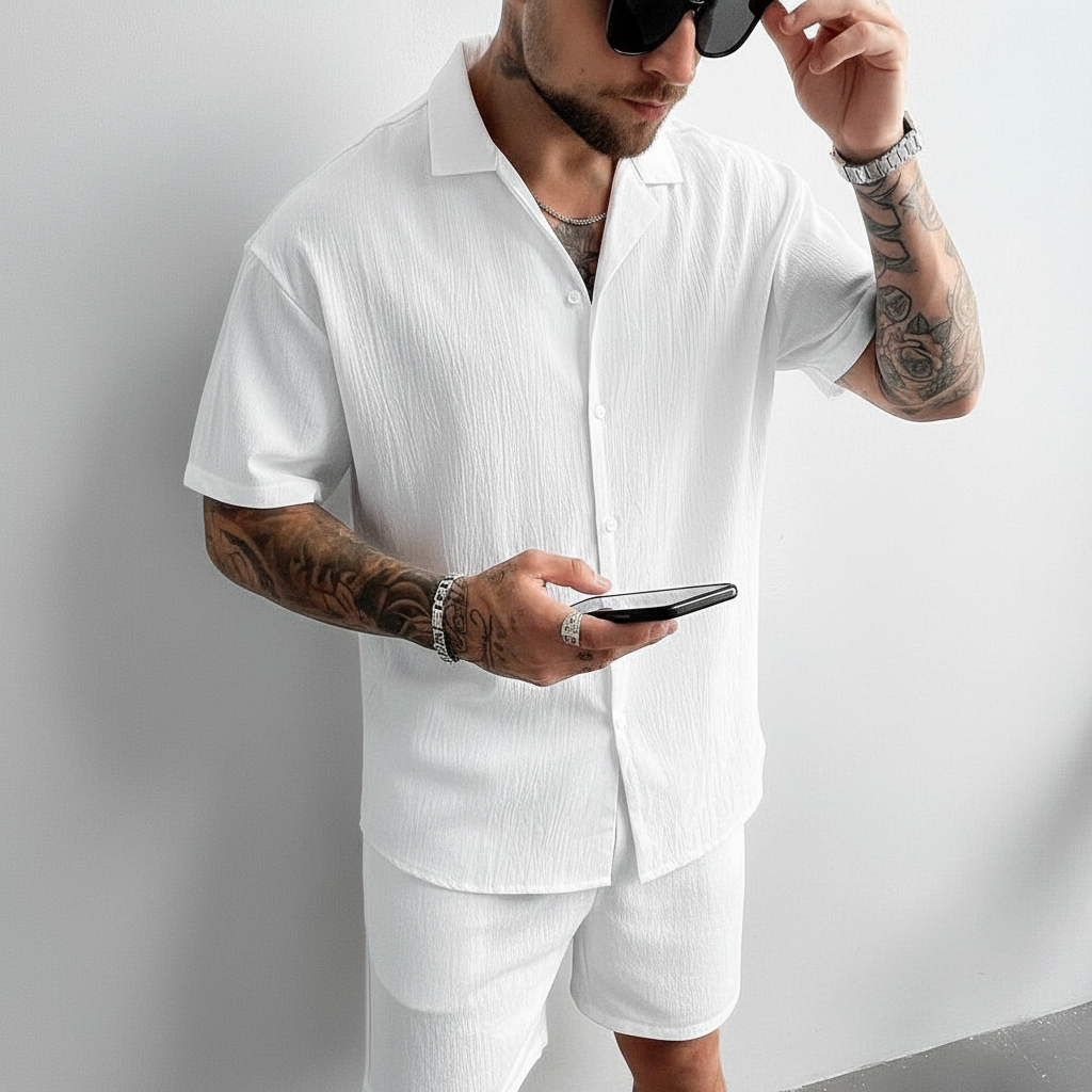 Solid Lightweight Linen Cuban Shirt And Drawstring Shorts Set For Men