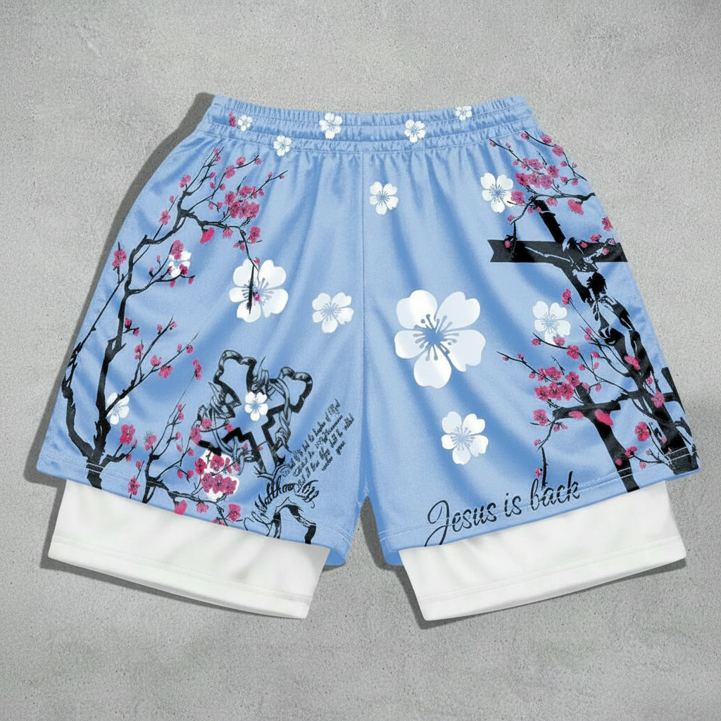 Anime Branch Print Drawstring Double Layer Casual Shorts