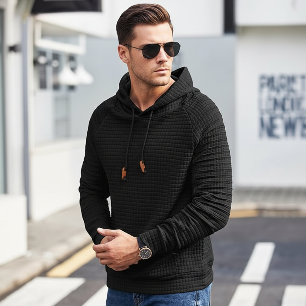  Waffle Knit Hooded Sweatshirt With Drawstring