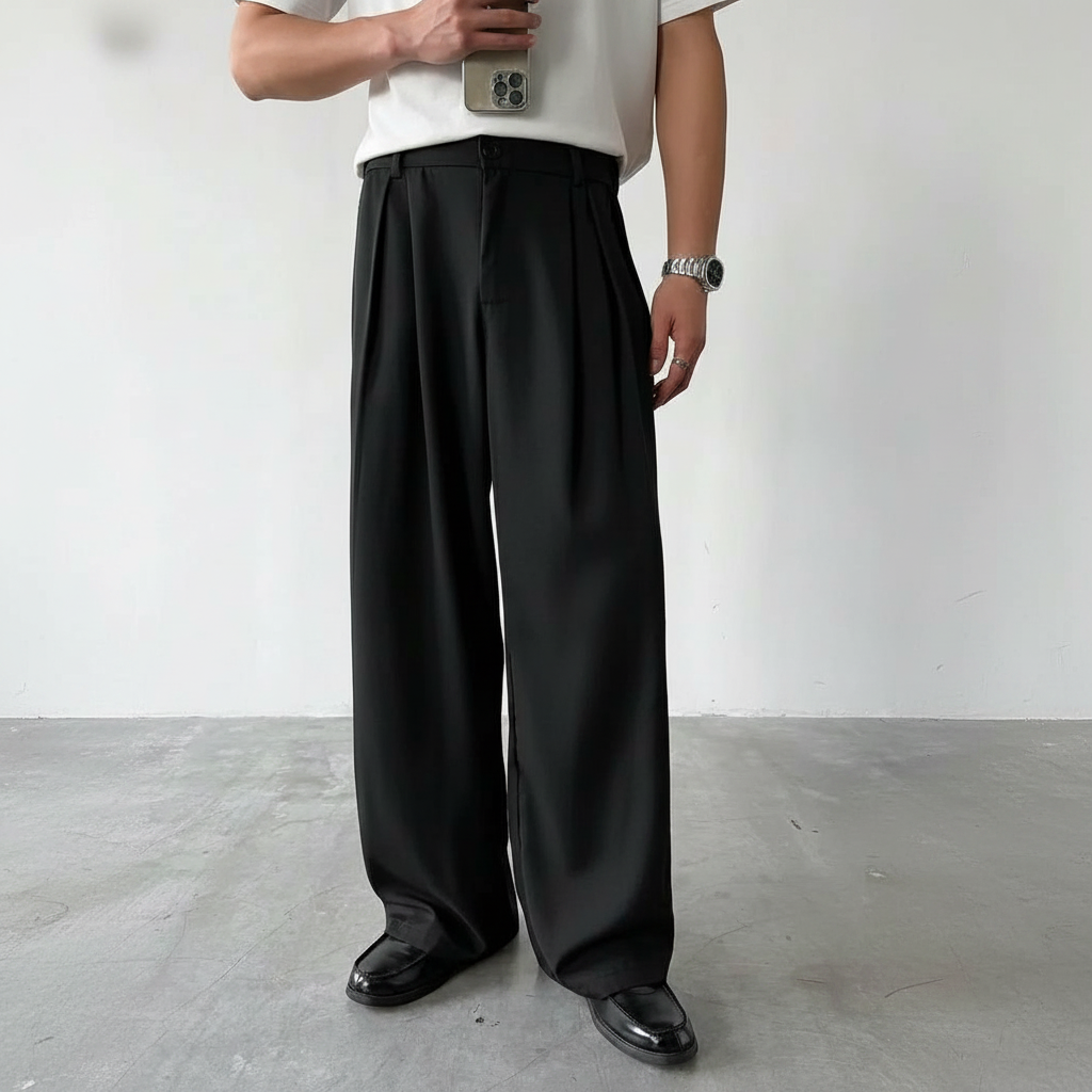 Wrinkle Resistant Wide Polyester Woven Trousers For Men
