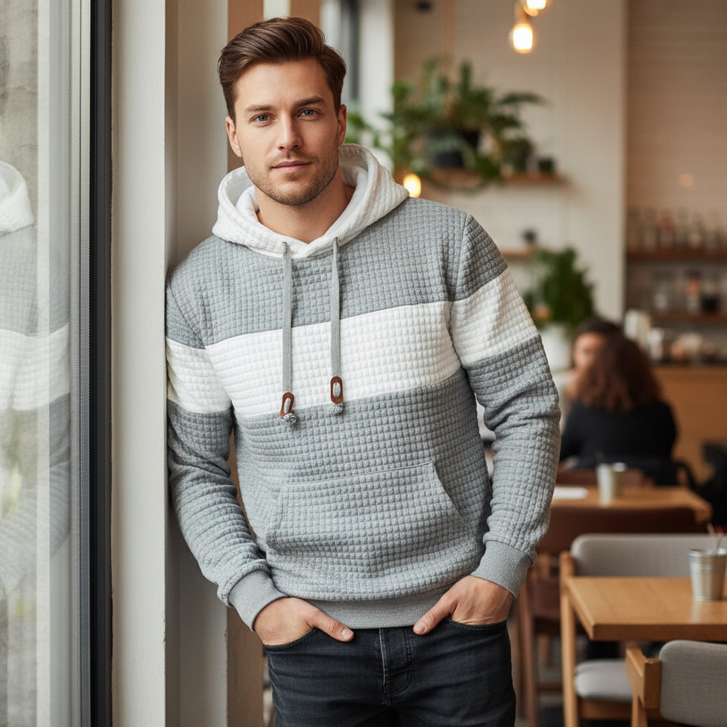 Men Sweatshirts Long Sleeve Pullover Patchwork Plaid Jacquard Hoodie Casual Drawstring Hoody Top