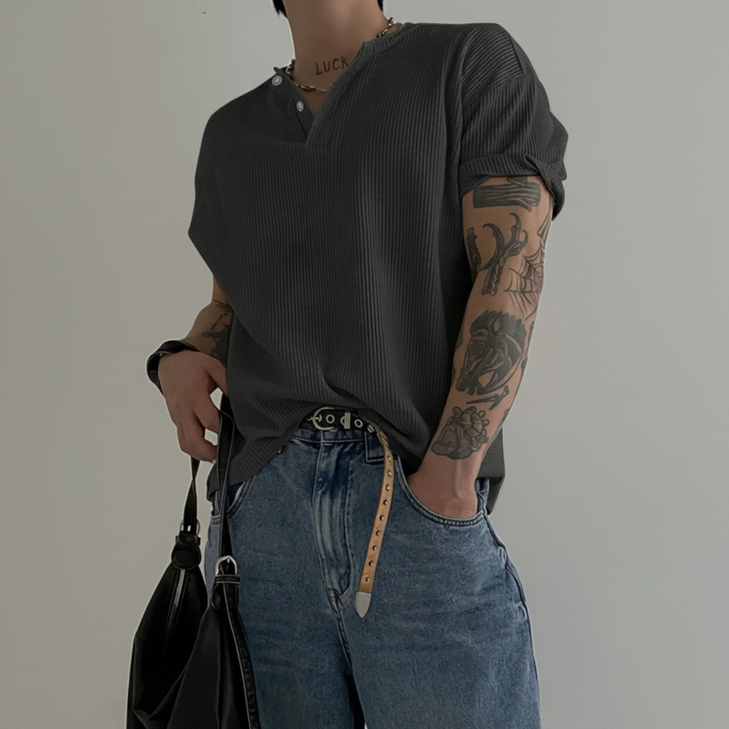 Henry Collar Waffle Knit Short Sleeve T Shirt For Men