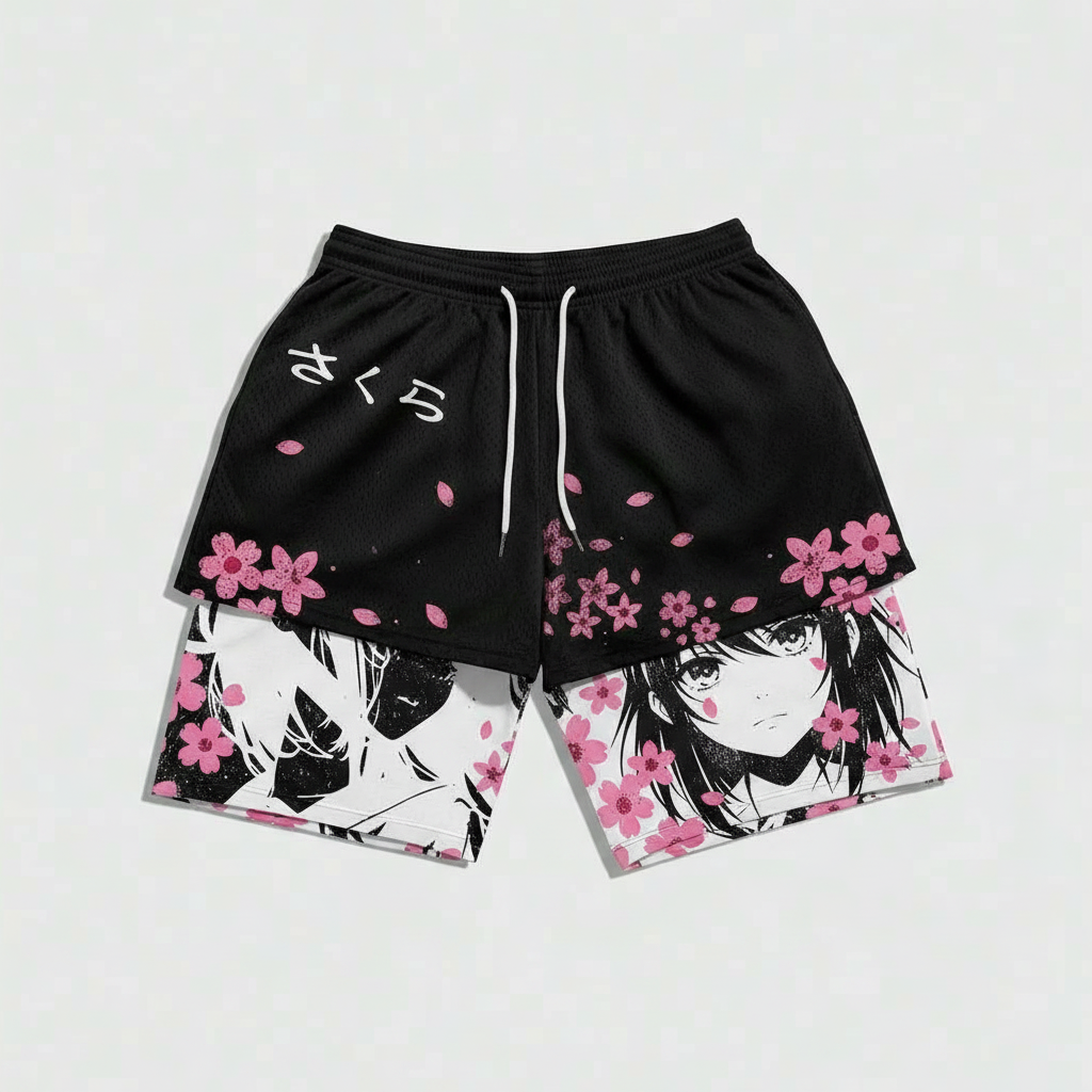 Anime Branch Print Drawstring Double Layer Casual Shorts
