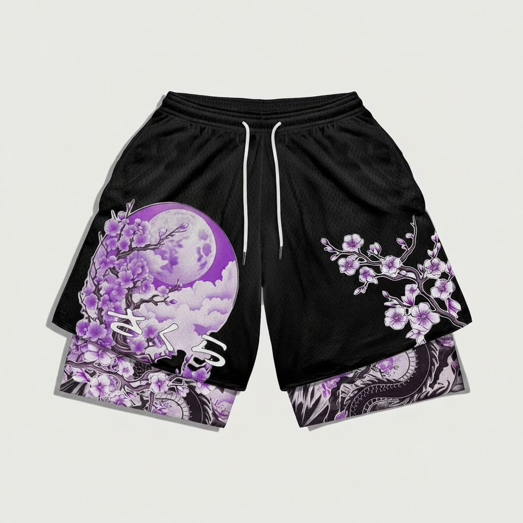 Anime Branch Print Drawstring Double Layer Casual Shorts