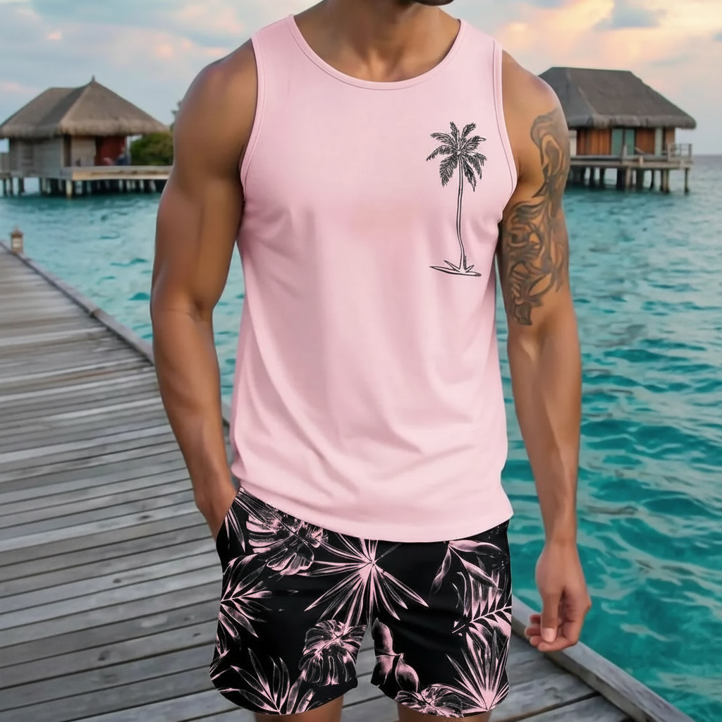 Tree Printed Tank Top And Shorts Set For Men