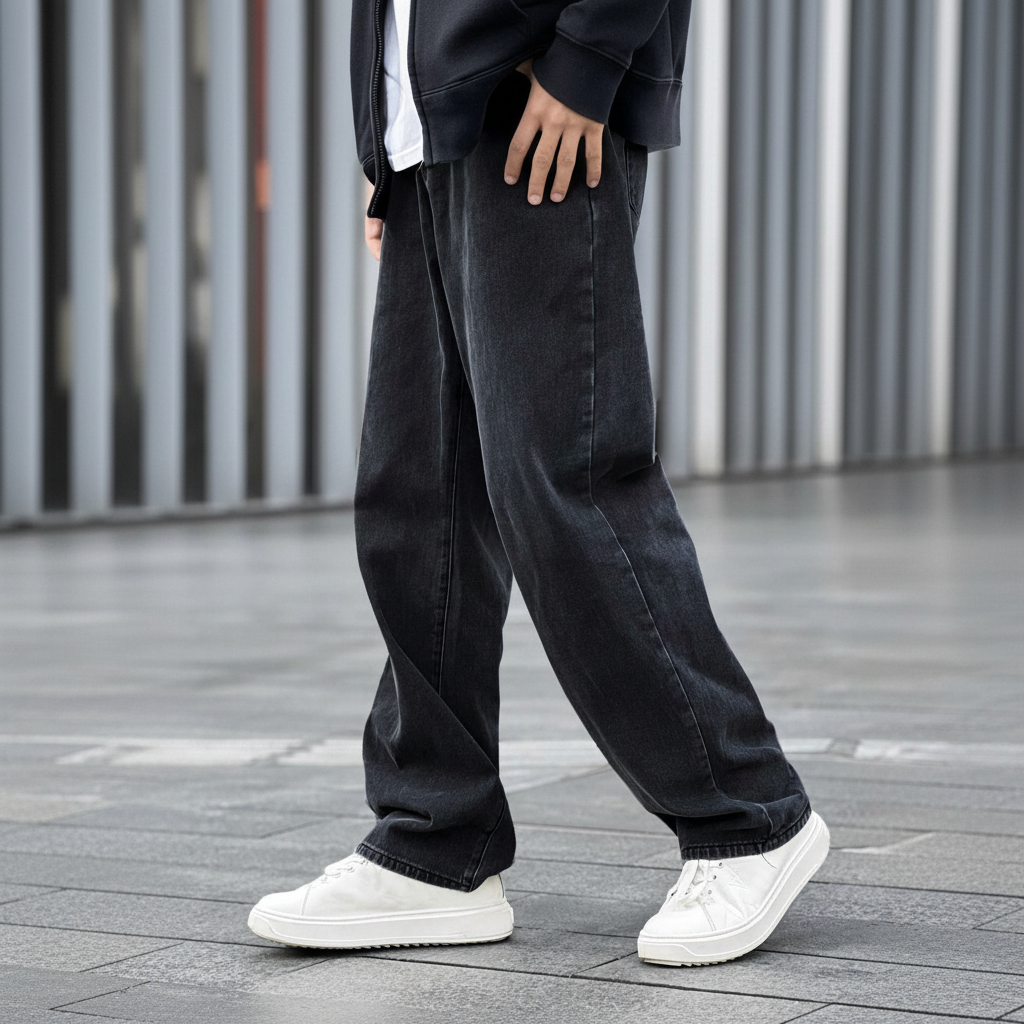 Loose Slant Pocket Washed Baggy Straight Jeans