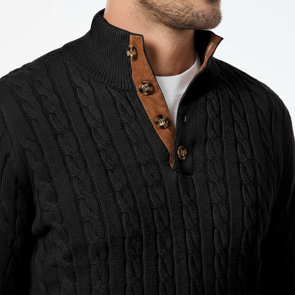 Cable Knit Stand Collar Button Pullover