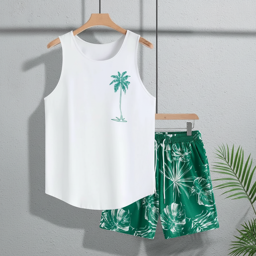 Tree Printed Tank Top And Shorts Set For Men