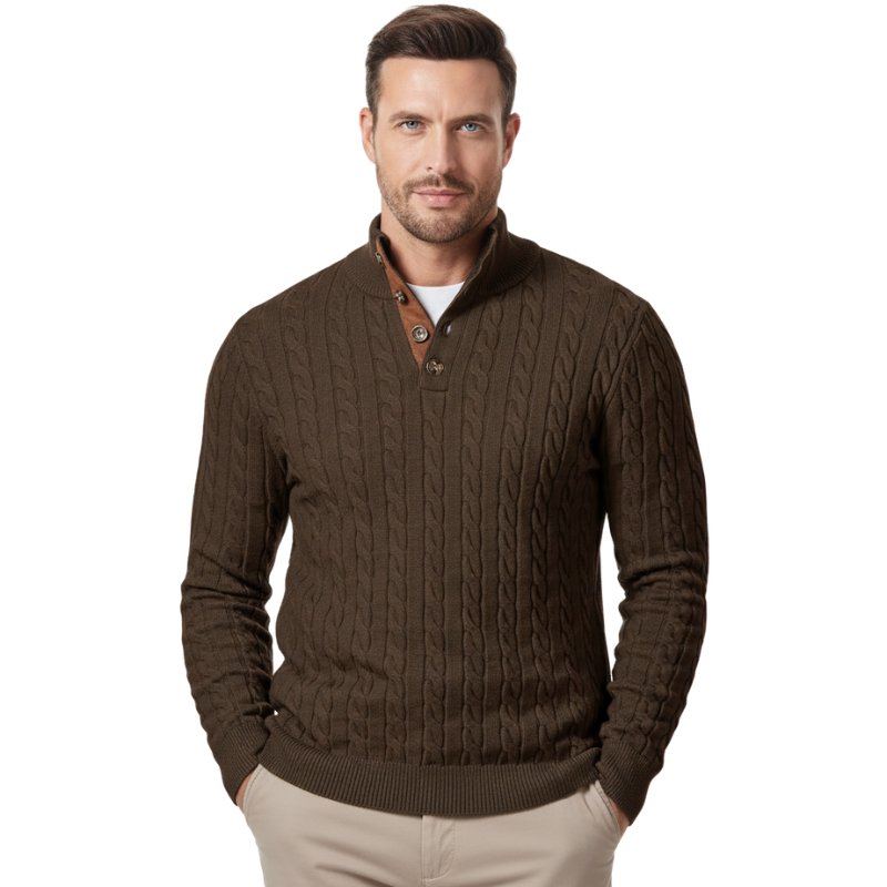 Cable Knit Stand Collar Button Pullover