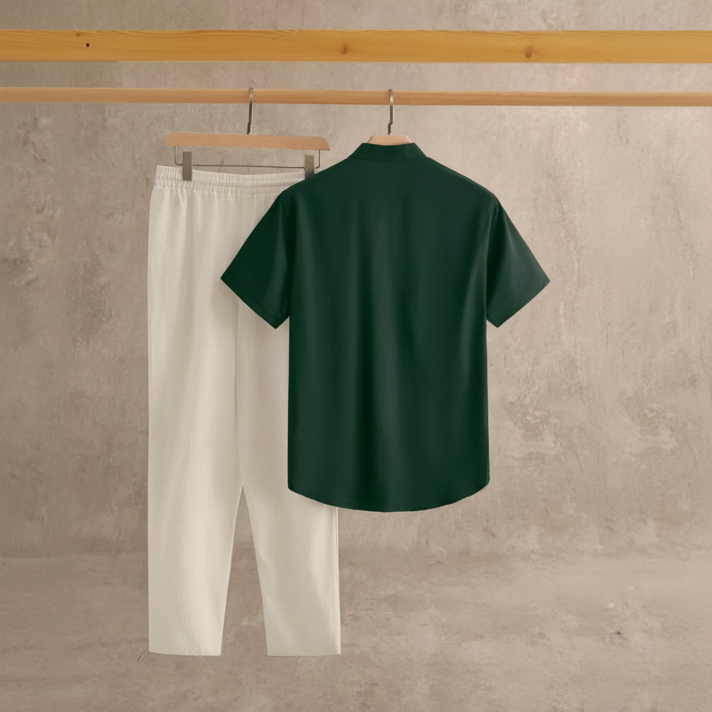 Solid Button Half Placket Short Sleeve Linen Shirt And Pants Set For Men