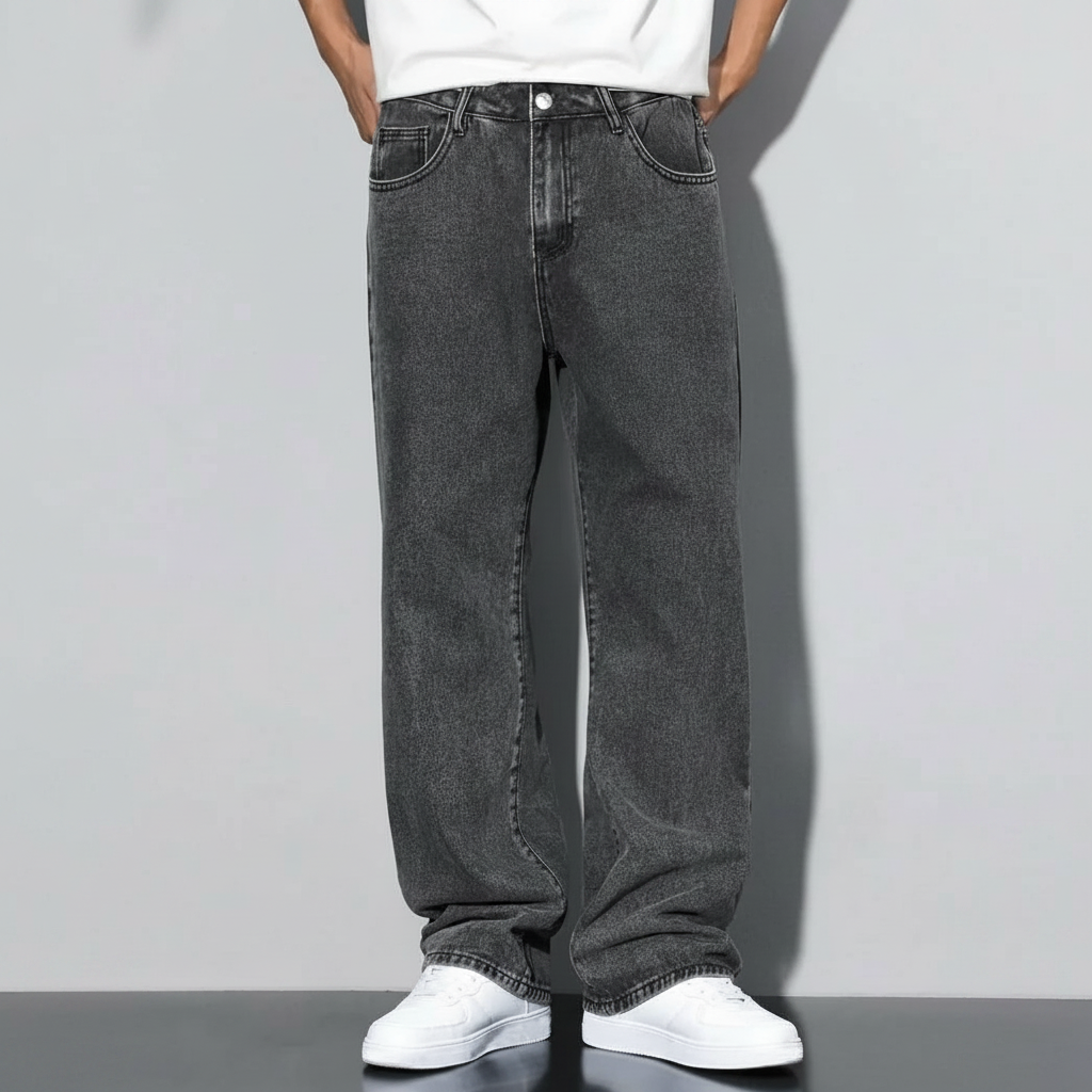 Loose Slant Pocket Washed Baggy Straight Jeans