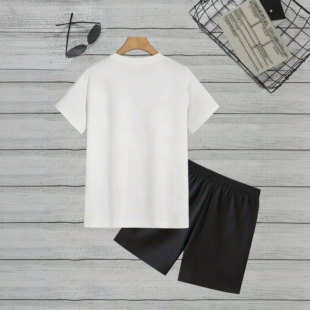 Printed Round Short Sleeve T Shirt And Drawstring Shorts